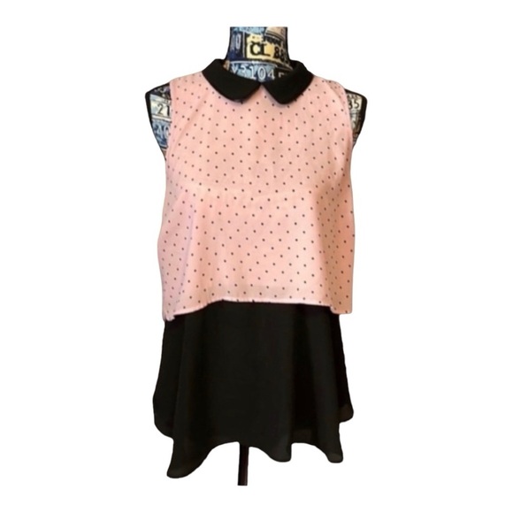Womens Top Elle- Chiffon pink and black polka dots sleeveless top - Picture 1 of 8